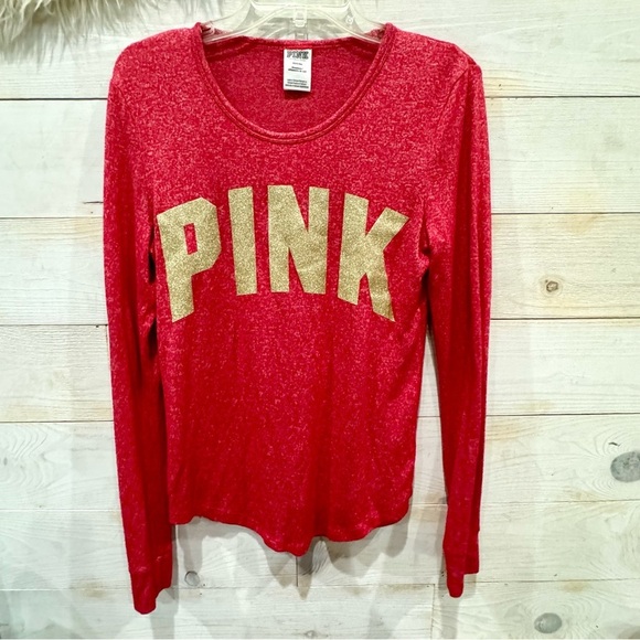 PINK victorias secret long sleeve red/ gold glitter logo top - Picture 3 of 6